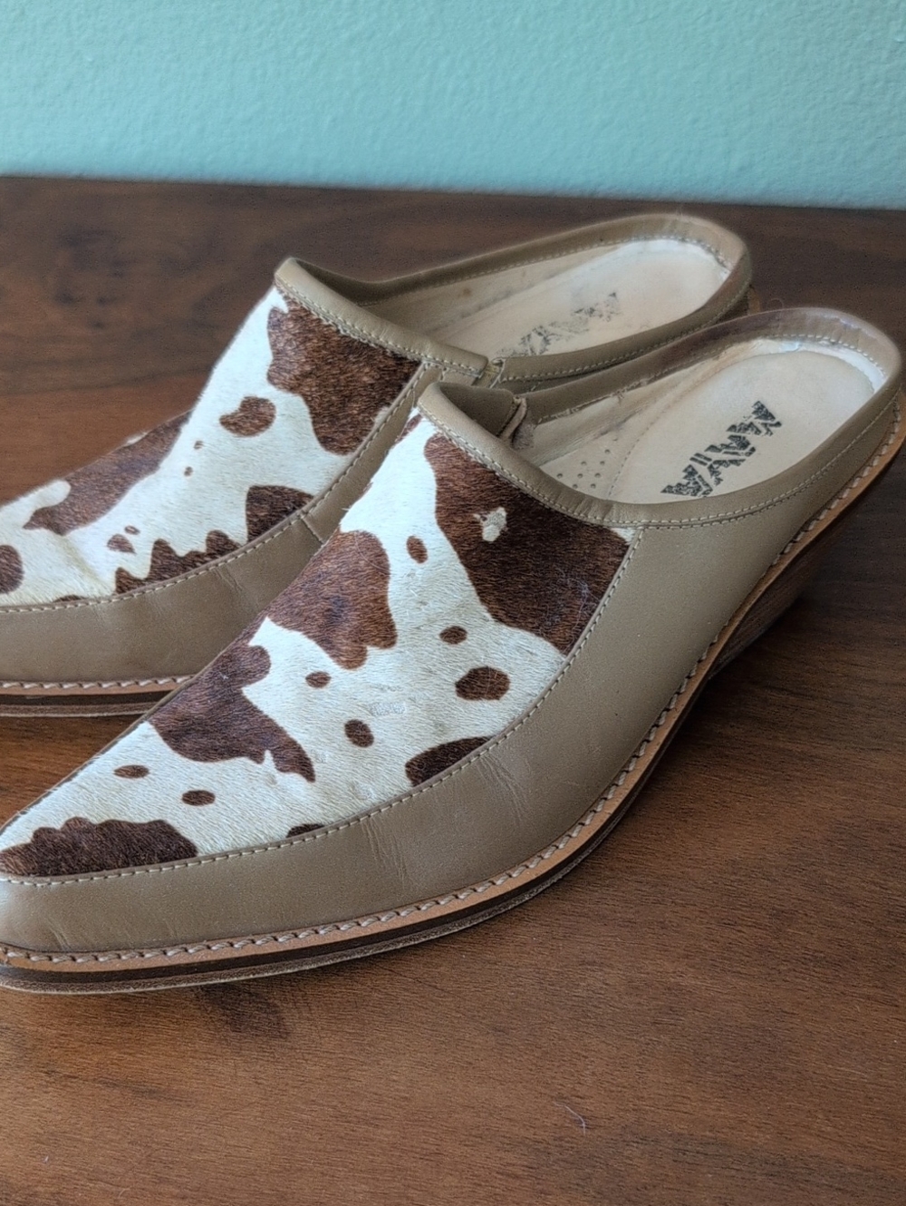 Maya Brown Leather Mules With Stacked Heel And Cow Print Fur. Size 8.5